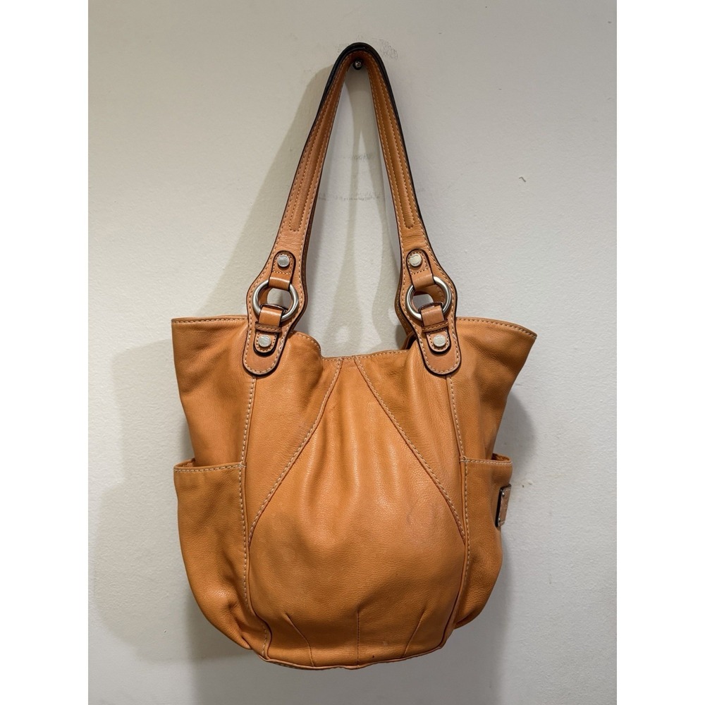 Tignanello Tan Leather Shoulder Bag Hobo Purse Striped Lining Side Pockets